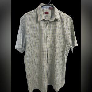 Izod Men's Short Sleeve Plaid Button-Down in Light Green and Blue. Size L